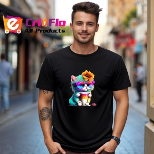 Tricou Pisicuta cu floare in par si cana curcubeu Copii | Dama | Barbat, culoare negru - Img 5