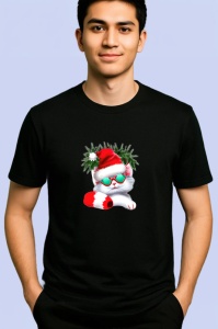 Tricou Pisicuta cu fundita verde si caciula Craciun moderna Copii | Dama | Barbat, culoare negru - Img 2