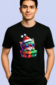 Tricou Pisicuta cu ochelari si cadou Craciun fundal negru Copii | Dama | Barbat, culoare negru - Img 2