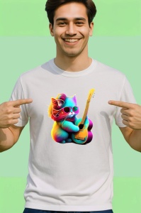 Tricou Pisicuta curcubeu cu chitara fundal alb Copii | Dama | Barbat - Img 2