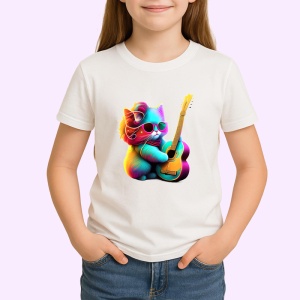 Tricou Pisicuta curcubeu cu chitara fundal alb Copii | Dama | Barbat