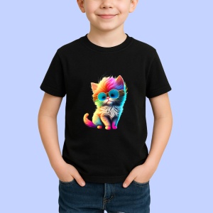 Tricou Pisicuta curcubeu cu fundal negru si ochelari rotunzi Copii | Dama | Barbat, culoare negru - Img 4