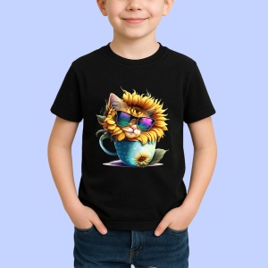 Tricou Pisicuta gri cu floarea soarelui si cana curcubeu Copii | Dama | Barbat, culoare negru - Img 4