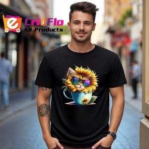 Tricou Pisicuta gri cu floarea soarelui si cana curcubeu Copii | Dama | Barbat, culoare negru