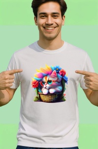 Tricou Pisicuta in cos cu flori si par in culori vibrante Copii | Dama | Barbat - Img 2