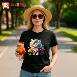 Tricou Pisicuta pufoasa cu floare si fundal alb luminos Copii | Dama | Barbat, culoare negru - Img 8