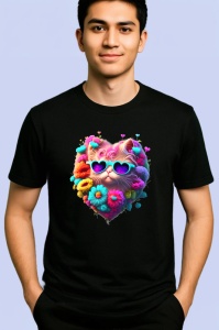 Tricou Pisicuta roz in forma de inima cu ochelari fundal alb Copii | Dama | Barbat, culoare negru - Img 2