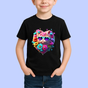 Tricou Pisicuta roz in forma de inima cu ochelari fundal alb Copii | Dama | Barbat, culoare negru - Img 4