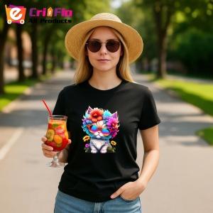 Tricou Pisicuta turcoaz cu flori si ochelari colorati Copii | Dama | Barbat, culoare negru - Img 7