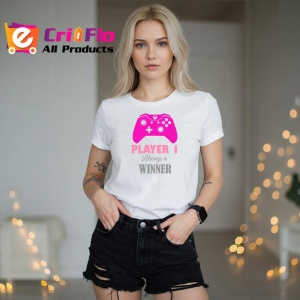 Tricou Player 1 Always Winner Controller Roz Jocuri, din bumbac 100% , tricou alb pentru Copii | Dama | Barbat - Img 7