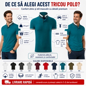 Tricou Polo Bărbați 256 Collar Up, 100% Bumbac, 215 g/m², Guler cu Contrast, 2 Nasturi, S–3XL, 10 Culori - Img 2