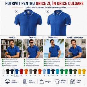 Tricou Polo Bărbați Malfini cu Dungi la Guler și Manșete, Tip Tommy, 65% Bumbac, 200 g/m², 19 Culori, Mărimi S–3XL - Img 8
