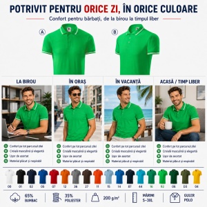Tricou Polo Bărbați Malfini Urban 219, cu Dungi la Guler, Tip Tommy, 65% Bumbac, 200 g/m², 19 Culori, Mărimi S–3XL - Img 7