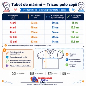 Tricou polo copii, fete și băieți, 65% bumbac, 200 g/m², mărimi 4–12 ani - Img 3