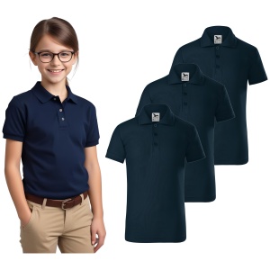 Tricou Polo Copii Albastru marin imbracat de o fata simpatica prezinta setul de 3 tricouri polo albastru marin