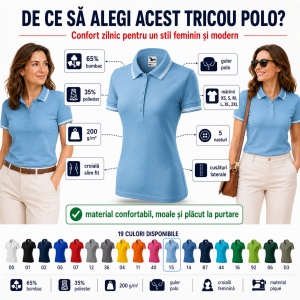Tricou Polo Damă cu dungi la guler, bumbac 65%, marimi XS - 2XL - 19 nuanțe - Img 2