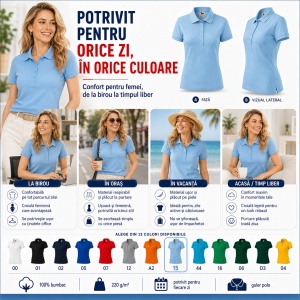 Tricou Polo Damă din Bumbac 100% – Casual Office, Guler Polo, XS-2XL | 13 Culori | Pique Polo - Img 5