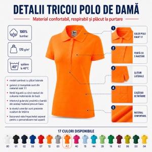 Tricou Polo Damă Malfini 213 Cotton, 100% Bumbac, 170 g/m², Guler Raiat, 5 Nasturi, Croială Cambrată, 17 Culori, XS–2XL - Img 2