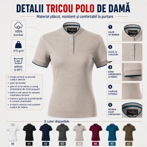 Tricou Polo Damă Malfini Diamond 274 – 100% Bumbac, 215 g/m², Guler Tip Bomber, Croială Cambrată - Img 7