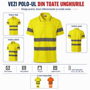 Tricou Polo Reflectorizant Unisex Damă/Bărbat HV Runway 2V9 cu Guler – Benzi 3M, 55% Bumbac - Img 6