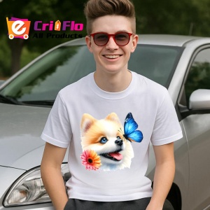 Tricou Pomeranian cu fluture albastru si floare roz adorabil si pufos Copii | Dama | Barbat Barbat - Img 8