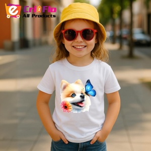 Tricou Pomeranian cu fluture albastru si floare roz adorabil si pufos Copii | Dama | Barbat Barbat - Img 14