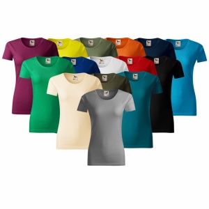 Imagine de prezentare pentru tricou premium dama din bumbac organic si culorile disponibile albastru, verde, negru, gri, portocaliu, galben, rosu, migdala, turcoaz