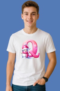 Tricou Q Litera Craciun Roz Cu Om De Zapada Fulgi De Zapada, din bumbac 100% Copii | Dama | Barbat