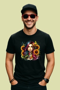 Tricou Rainbow hair girl sunflower tattoo, fata cu par curcubeu si tatuaj floarea soarelui, Copii | Dama | Barbat , tricou negru - Img 3