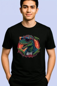 Tricou Raptor cool cu frunze si ochelari stil retro Copii | Dama | Barbat, culoare negru - Img 2