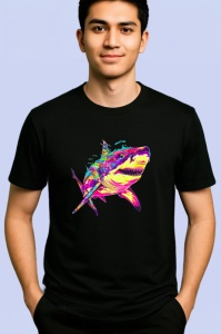 Tricou Rechin curcubeu fundal alb efecte de vopsea Copii | Dama | Barbat, culoare negru - Img 2