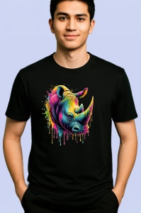 Tricou Rinocer colorat forta si protectie in arta dripping Copii | Dama | Barbat, culoare negru - Img 2