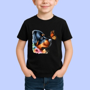 Tricou Rottweiler calm cu fluture portocaliu si flori colorate contrast vibrant Copii | Dama | Barbat Barbat