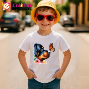 Tricou Rottweiler calm cu fluture portocaliu si flori colorate contrast vibrant Copii | Dama | Barbat Barbat - Img 13