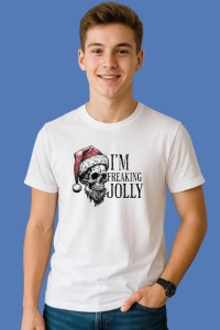Tricou Schelet Cu Caciula Mos Craciun Im Freaking Jolly, din bumbac 100%, tricou alb, Copii | Dama | Barbat - Img 1