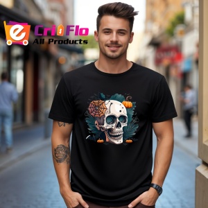Tricou Schelet cu frunze portocalii si fundal toamna Copii | Dama | Barbat, culoare negru - Img 5
