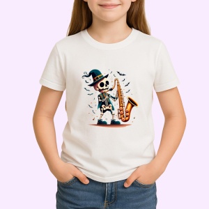 Tricou Schelet cu saxofon si costum elegant fundal alb Copii | Dama | Barbat - Img 4