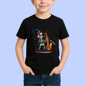 Tricou Schelet cu saxofon si costum elegant fundal alb Copii | Dama | Barbat, culoare negru - Img 4