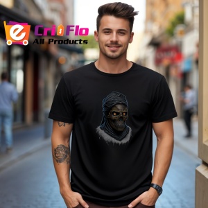 Tricou Schelet vrajitor cu palarie si flacari fundal alb Copii | Dama | Barbat, culoare negru - Img 6