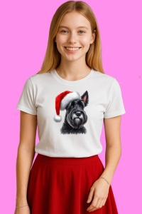 Tricou Schnauzer Craciun Cu Caciula Rosie, din bumbac 100%, tricou alb, Copii | Dama | Barbat