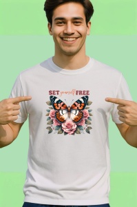 Tricou Set yourself free fluture portocaliu si roz cu mesaj motivant Copii | Dama | Barbat Barbat - Img 2
