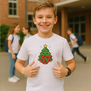 Tricou SIX SEVEN 67 Brad Craciun Decorat, din bumbac 100%, tricou alb, Copii | Dama | Barbat - Img 2