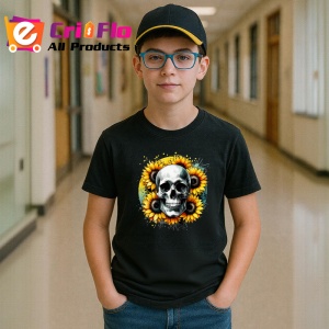 Tricou Skull with sunflowers, craniu cu floarea soarelui, Copii | Dama | Barbat , tricou negru - Img 6