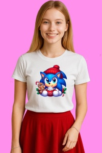 Tricou Sonic Christmas Chibi Cu Cana Mare, din bumbac 100%, tricou alb, Copii | Dama | Barbat - Img 3