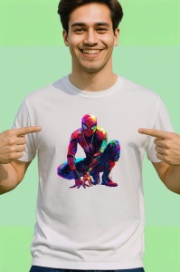 Tricou Spiderman desen colorat pozitie ghemuit fundal alb Copii | Dama | Barbat - Img 2