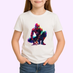 Tricou Spiderman desen colorat pozitie ghemuit fundal alb Copii | Dama | Barbat