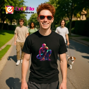 Tricou Spiderman desen colorat pozitie ghemuit fundal alb Copii | Dama | Barbat, culoare negru - Img 5