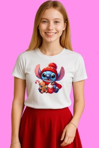 Tricou Stitch Christmas Chibi Cu Cana Rosie, din bumbac 100%, tricou alb, Copii | Dama | Barbat