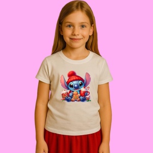 Tricou Stitch Christmas Cu Cana Si Biscuit, din bumbac 100%, tricou alb, Copii | Dama | Barbat - Img 2