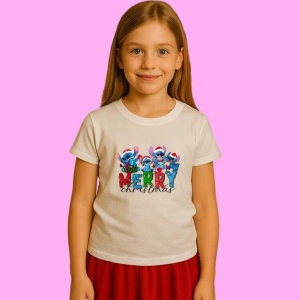 Tricou Stitch Cu Prieteni Text Merry Christmas, din bumbac 100%, tricou alb, Copii | Dama | Barbat - Img 2